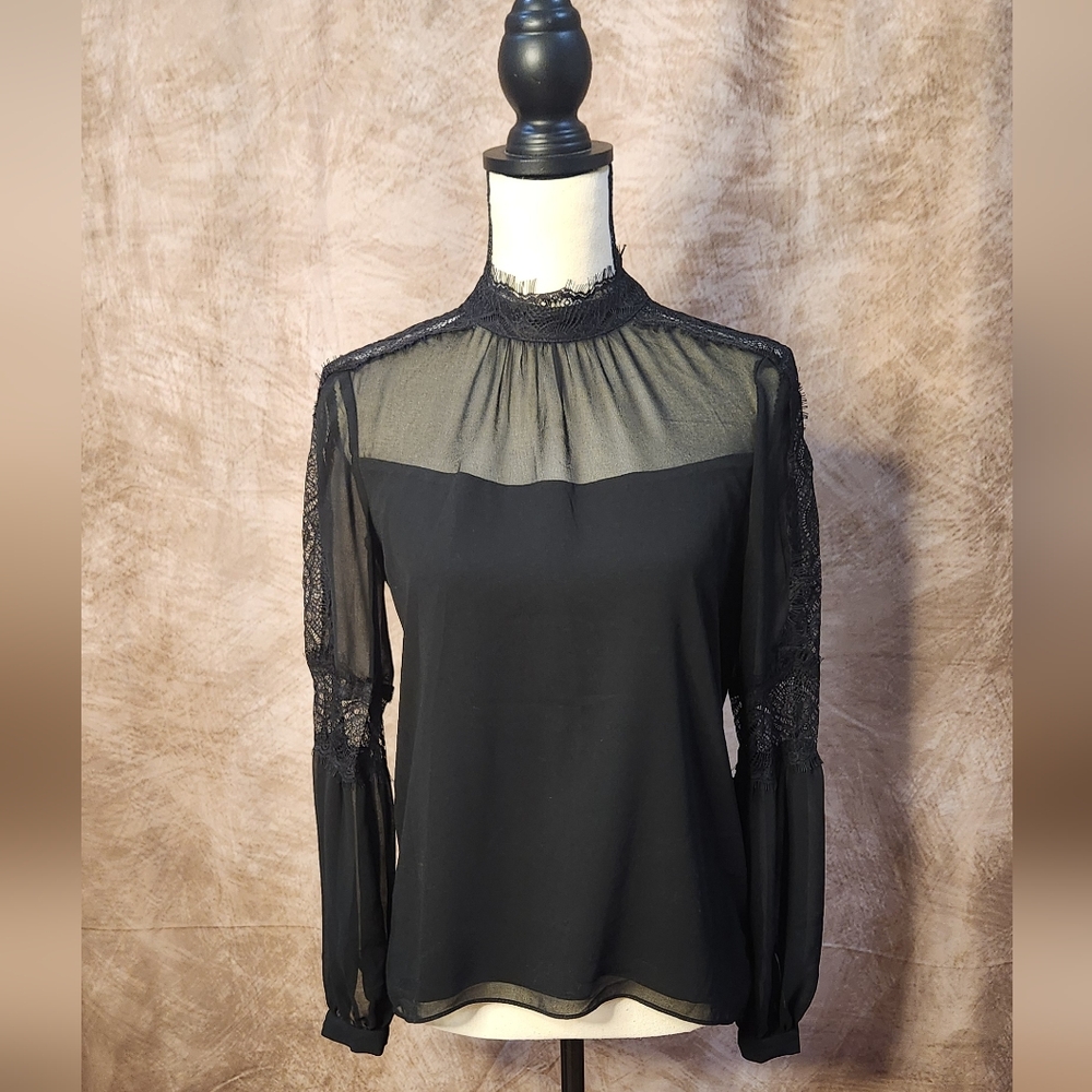 WHBM Black Sheer Lace Blouse – High Neck Romantic Top – Size XXS